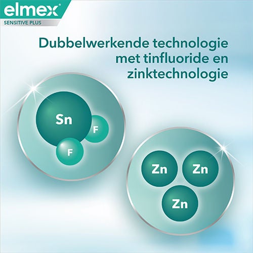 Elmex Sensitive Plus dubbelwerkende technologie met tinfluoride en zinktechnologie voor optimale mondverzorging.