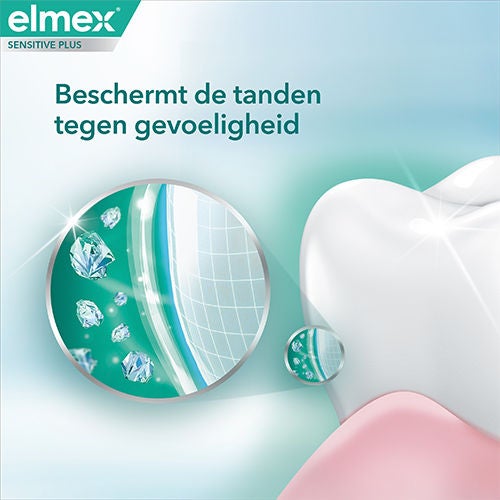 Elmex Sensitive Plus beschermt tanden tegen gevoeligheid met een klinisch bewezen beschermende barrière.