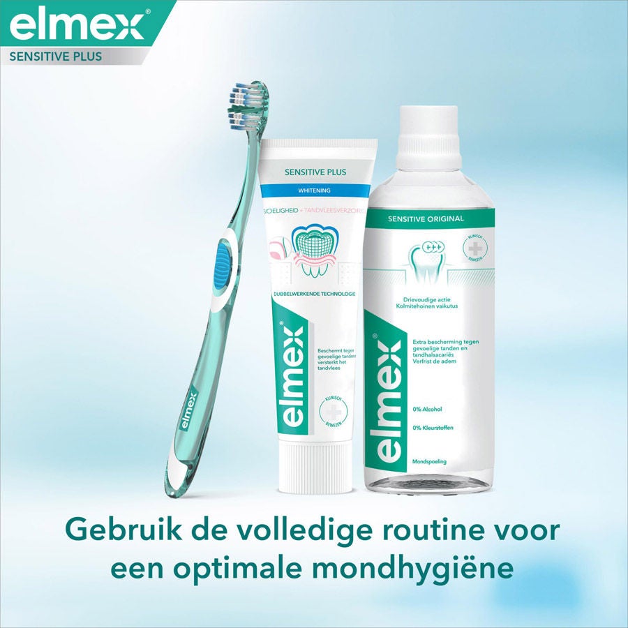 Elmex mondverzorgingsroutine met tandenborstel, tandpasta en mondwater voor optimale hygiëne.