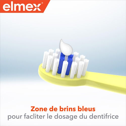 Zone de brins bleus pour facliter le dosage du dentrifrice